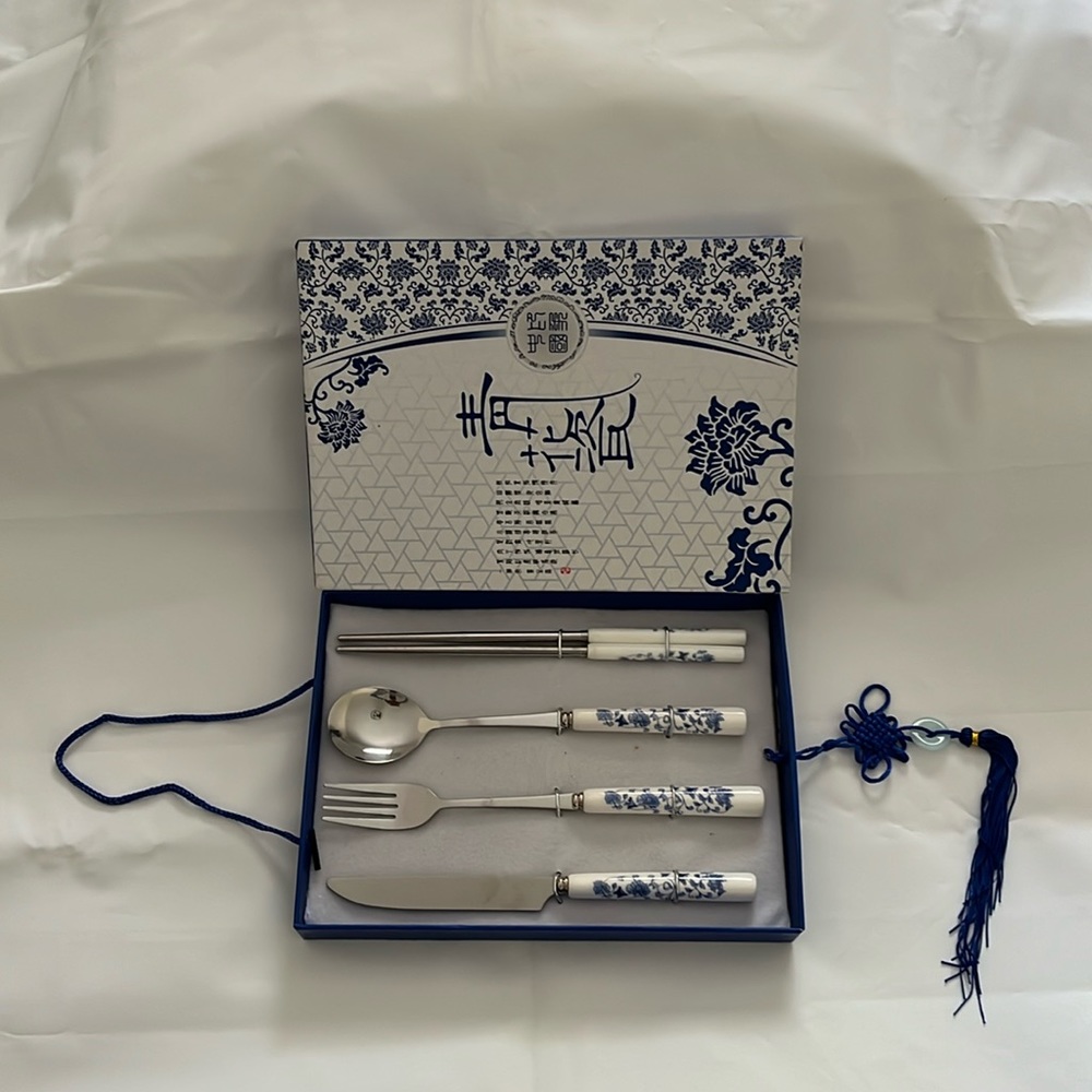 New Celadon printed handle white blue cutlery knife, fork, spoon chopsticks set